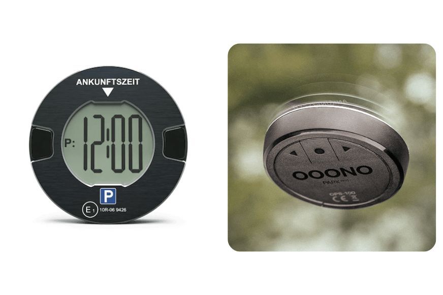 OOONO P-DISC No3 elektronische Parkscheibe an der Windschutzscheibe eines Autos angebracht